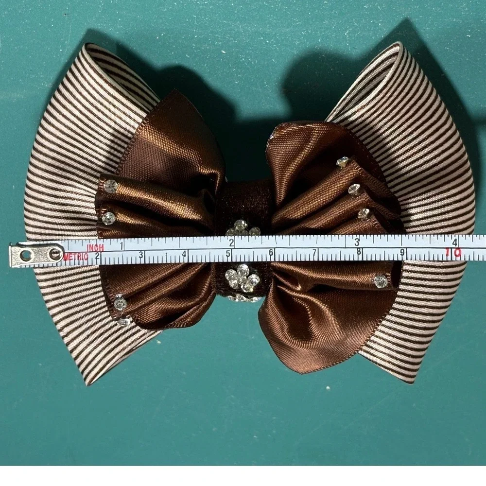 Brown Striped Satin‎ Rhinestone Hair Bow Barrette Clip Elegant Accessory